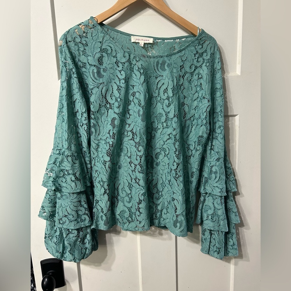 Solitaire teal Lace Ruffle Bell Sleeve Long Sleeve Blouse S